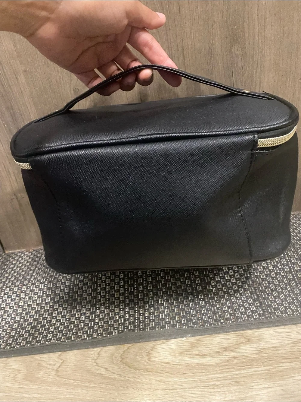 Black Top-Handle Cosmetic Bag with Gold Accents
